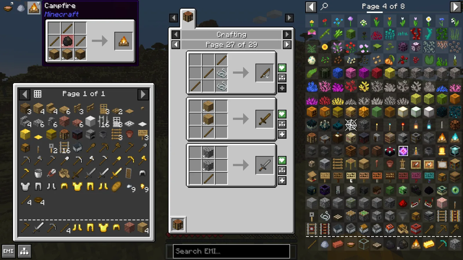 The EMI recipe viewer interface inside a Minecraft inventory